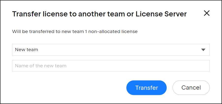 Диалог подтверждения передачи лицензии с выбранным вариантом New team