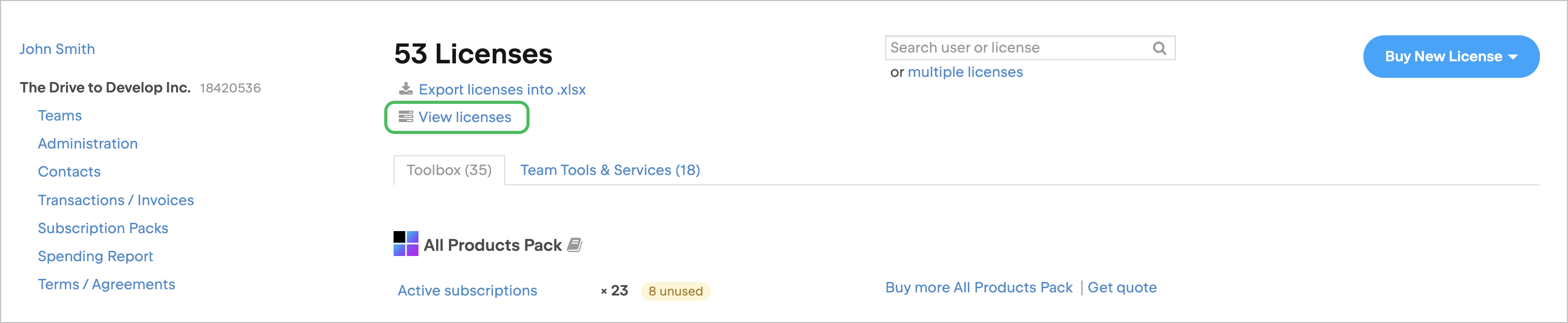 View licenses in an org profille